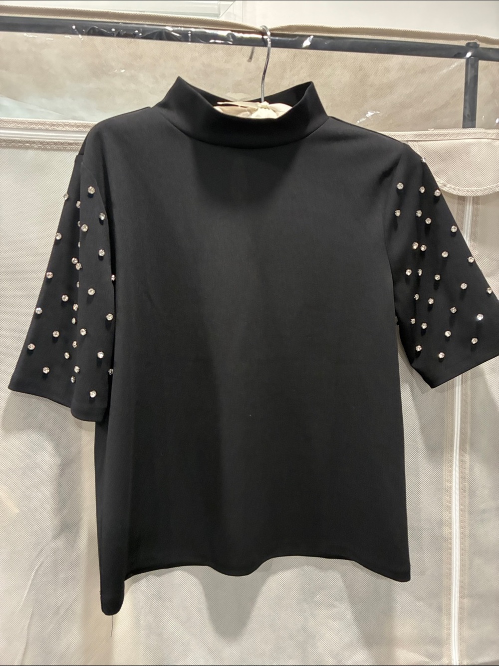 Ann Taylor Black Mock Neck Tee with Pearl-Style Embellished Short Sleeves